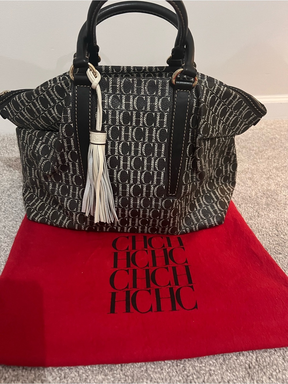 chic Black and White Monogram Tote with Tassel
